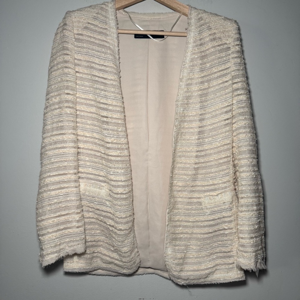 ZARA WOMAN ECRU LONG FANTASY LONGLINE BOUCLE BLAZER COAT JACKET Small